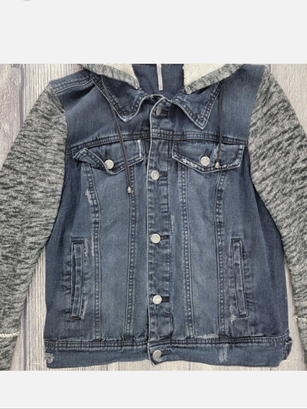 Free People Distressed Denim Jacket With Knit Sleeves and Hood - Picture 6 of 11